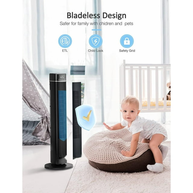 36in Oscillating Tower Fan with Remote, 15H Timer and Nightime Setting,Electric Cooling Quiet Tower Fan Standing Floor Bladeless Fan with LED Display,Portable for Bedroom,Office,Home (White)