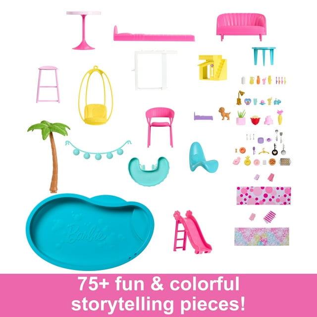 Dreamhouse, 75+ Pieces, Pool Party Doll House with 3 Story Slide