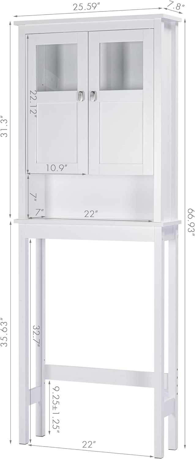 Bathroom Cabinet Over Toilet, Bathroom Storage Cabinet with Glass Doors and Adjustable Shelves, Over The Toilet Storage Cabinet, White