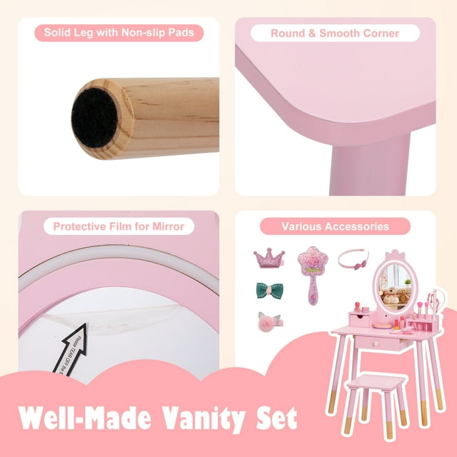 Kids Vanity Set with Mirror, Wooden Make Up