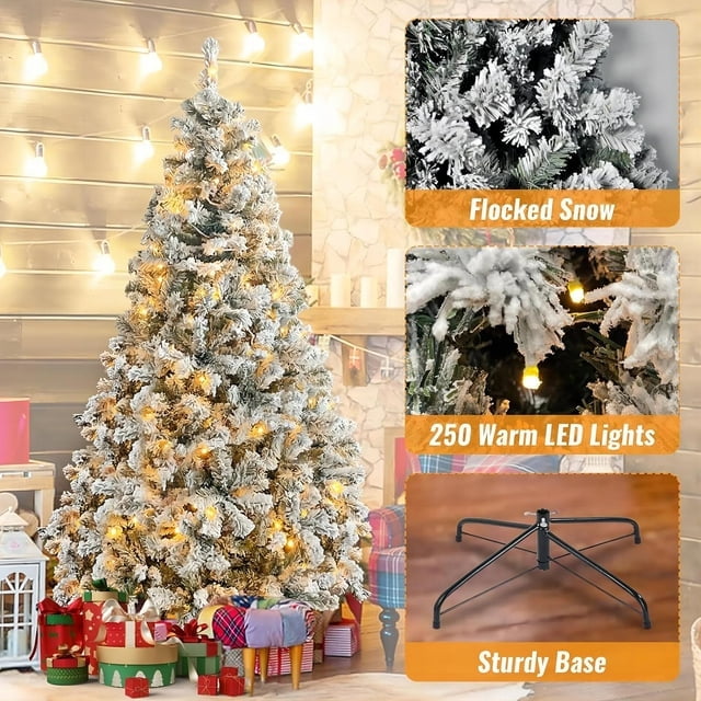 6ft Pre Lit Holiday Christmas Tree w/ Snow Flocked Branches, 250 Warm White Lights