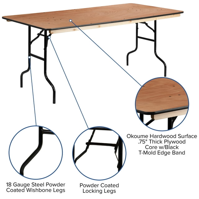 Fielder 6-Foot Rectangular Wood Folding Banquet Table