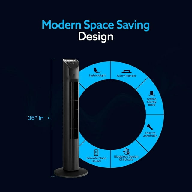 36in Oscillating Tower Fan, 3 Speed Portable Fan Tower With Remote Control, Quiet Operating Floor Fan for Bedroom with 7.5 Hr Auto Off Timer, Modern Design Room Cooling Fan For Home & Office