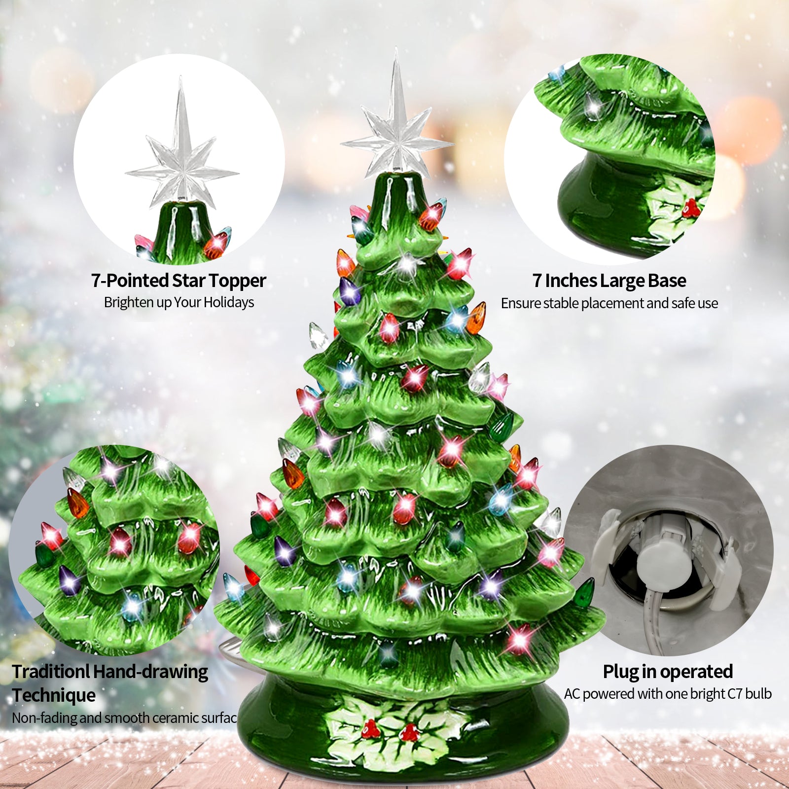 Ceramic Christmas Tree 15in Hand-Painted Ceramic Christmas Tree with Lights Tabletop Christmas Decor for Holiday