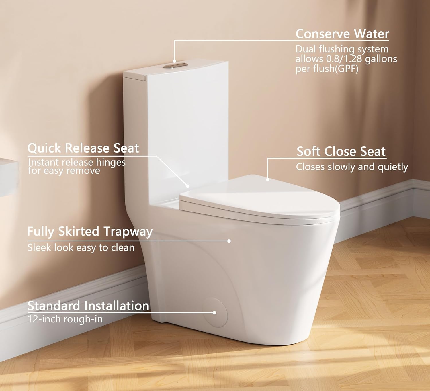 Toilet Elongated One Piece Toilet for Bathrooms
