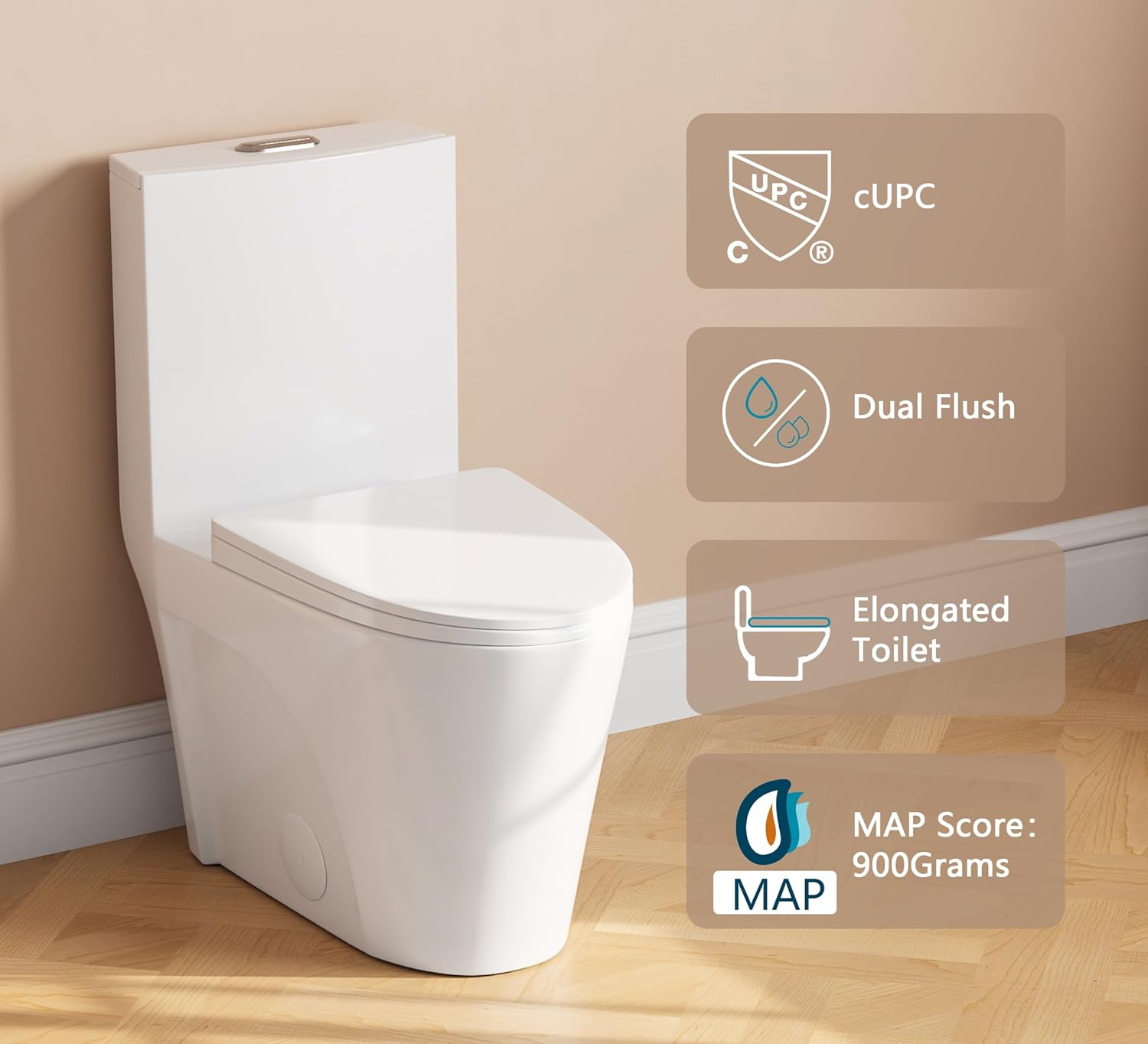 Toilet, Elongated One Piece Toilet for Bathrooms, Comfortable Chair Seat Height 17, Dual Power Flush Toilet 1.11.6 GPF and MAP 900g, 12 Rough-In Toilet Bowl