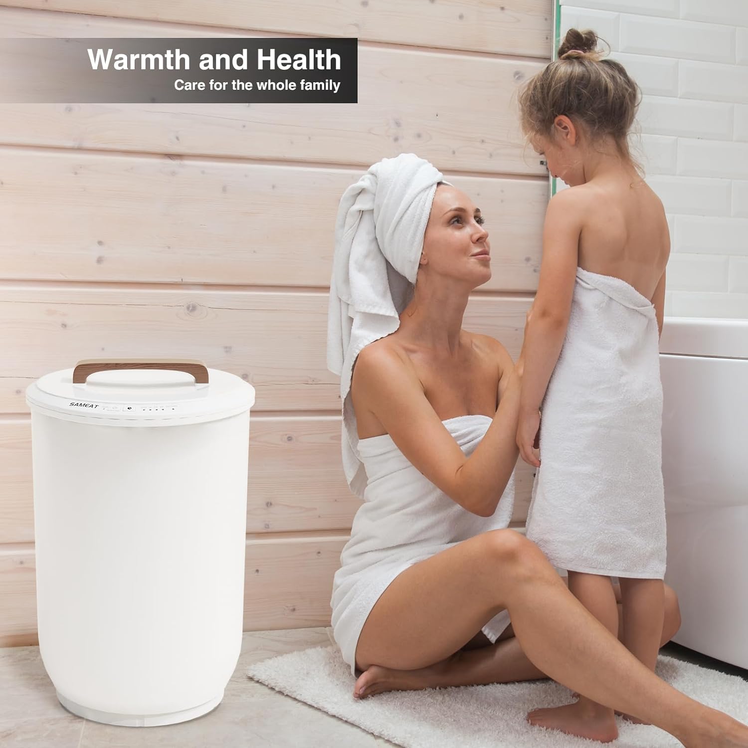 Heated Towel Warmers for Bathroom Large Towel Warmer Bucket, Wood Handle, Auto Shut Off, Fits Up to Two 4070 Oversized Towels, Best Ideal
