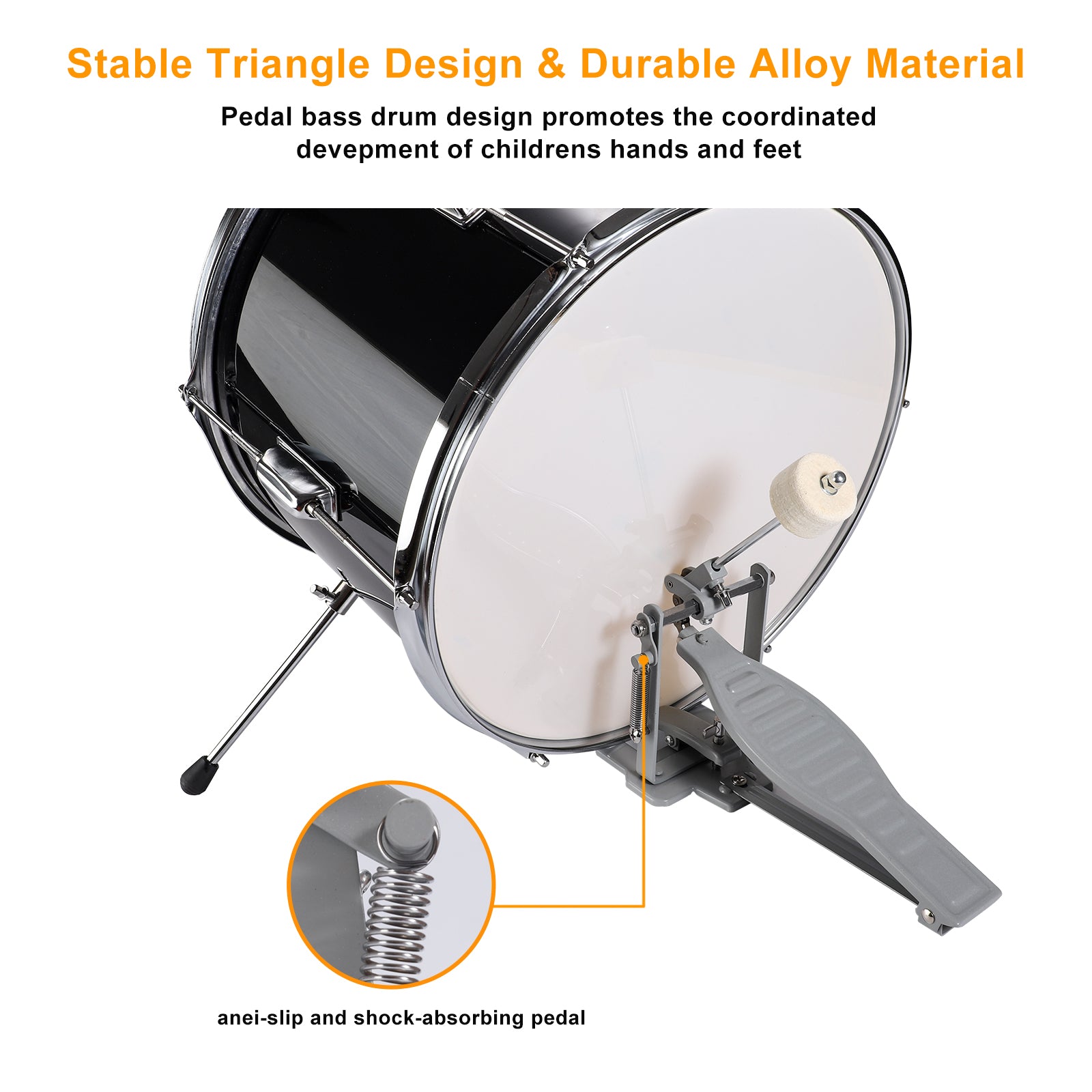 Kids Drum Set, 3 Piece Junior Beginners Drums Kit with Throne Stool, Bass Drum Pedal and 2 Drumsticks,Black