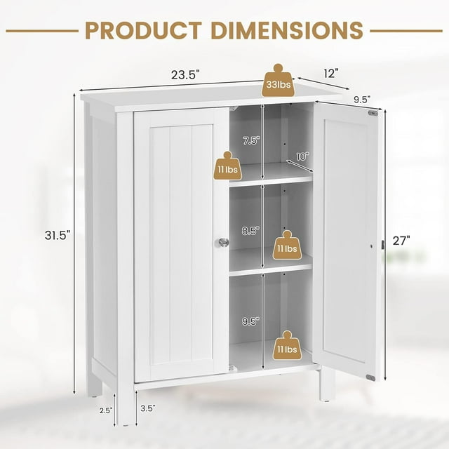 Bathroom Floor Cabinet Freestanding Side Storage Organizer with Double Doors Adjustable Shelf, Wooden Storage Cabinet for Living Room, Bedroom, Kitchen, Entryway