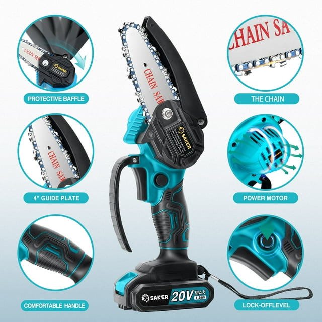 4 Inch Mini Chainsaw, Portable Electric Chainsaw Cordless, Handheld Chain Saw Pruning Shears Chainsaw for Wood, Tree Branches , Courtyard, Household Garden Chainsaw 2 Batteries