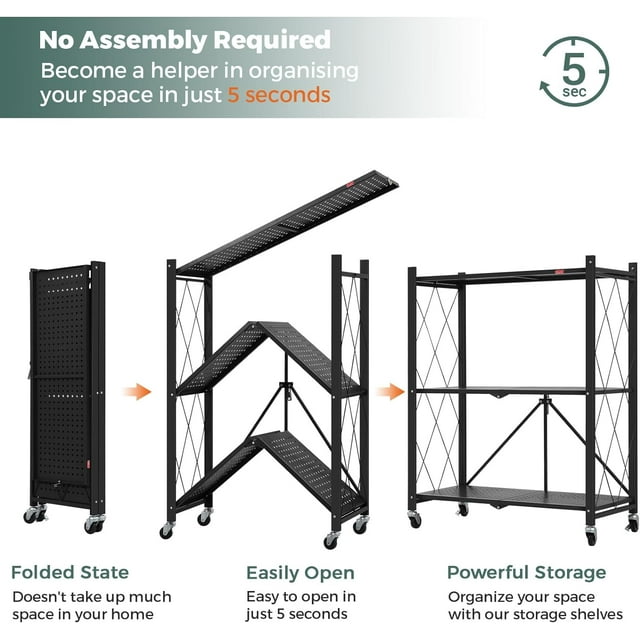 3 Shelf Foldable Storage Shelves with Wheels