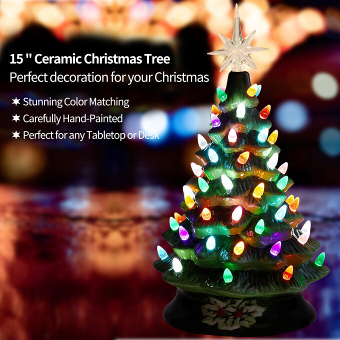 Ceramic Christmas Tree 15in Hand-Painted Ceramic Christmas Tree with Lights Tabletop Christmas Decor for Holiday