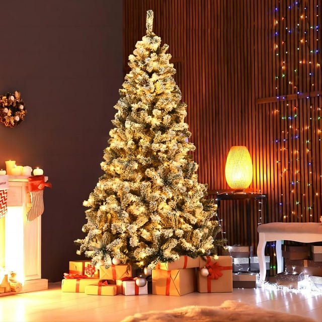 6ft Pre Lit Holiday Christmas Tree w/ Snow Flocked Branches, 250 Warm White Lights