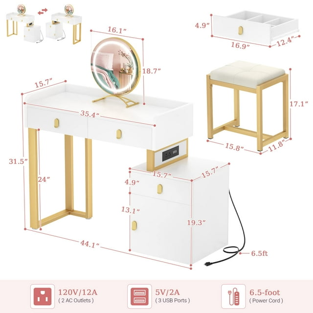 Vanity Desk with LED Lighted Mirror & Power Outlets