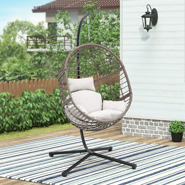 Wicker Hanging Egg Chair with Cushion and Stand - White