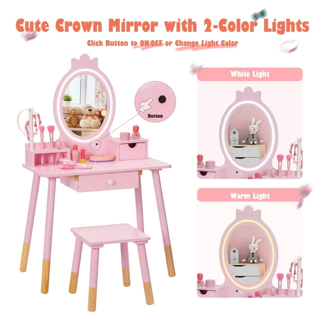 Kids Vanity Set with Mirror, Wooden Make Up