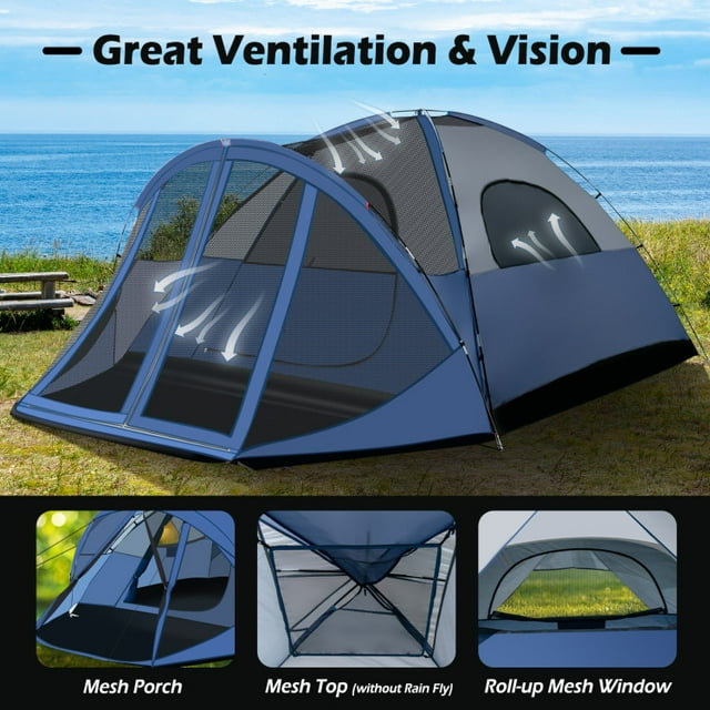 6 Person Large Camping Dome Tent with Screen Room Porch and Removable Rainfly