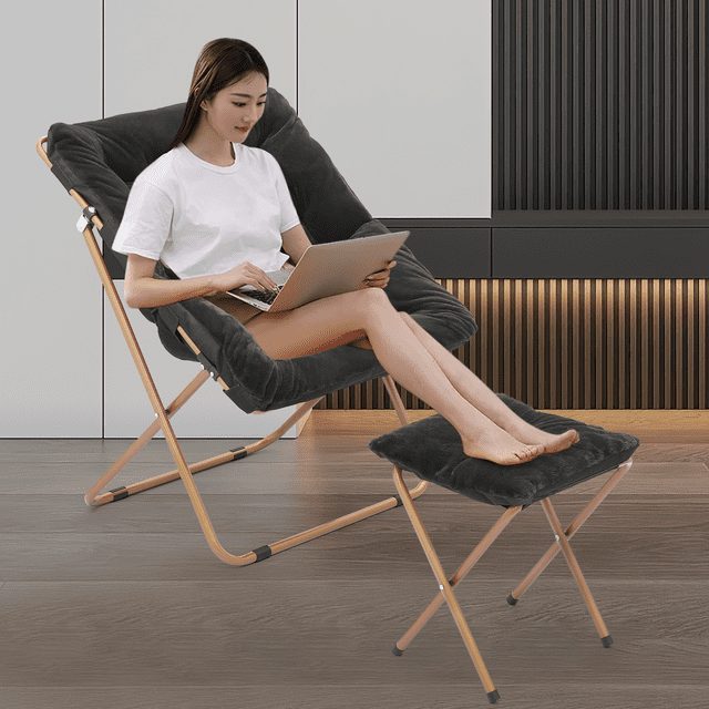 Saucer Chair with Ottoman, Faux Fur Folding Chair and Footrest Set