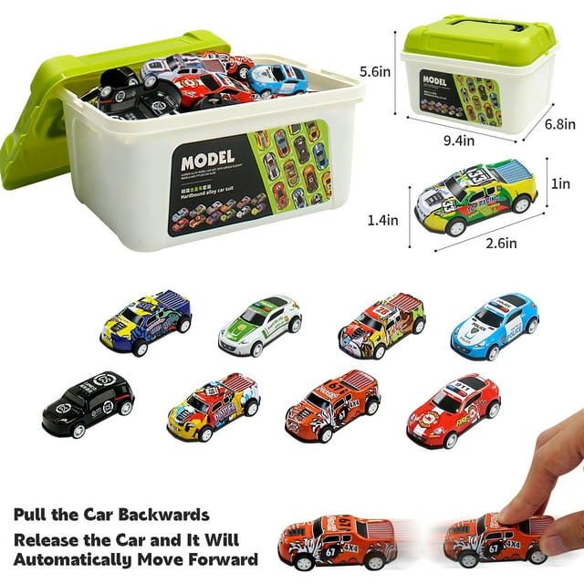 30 Pack Diecast Pull Back Toy Cars with Storage Box