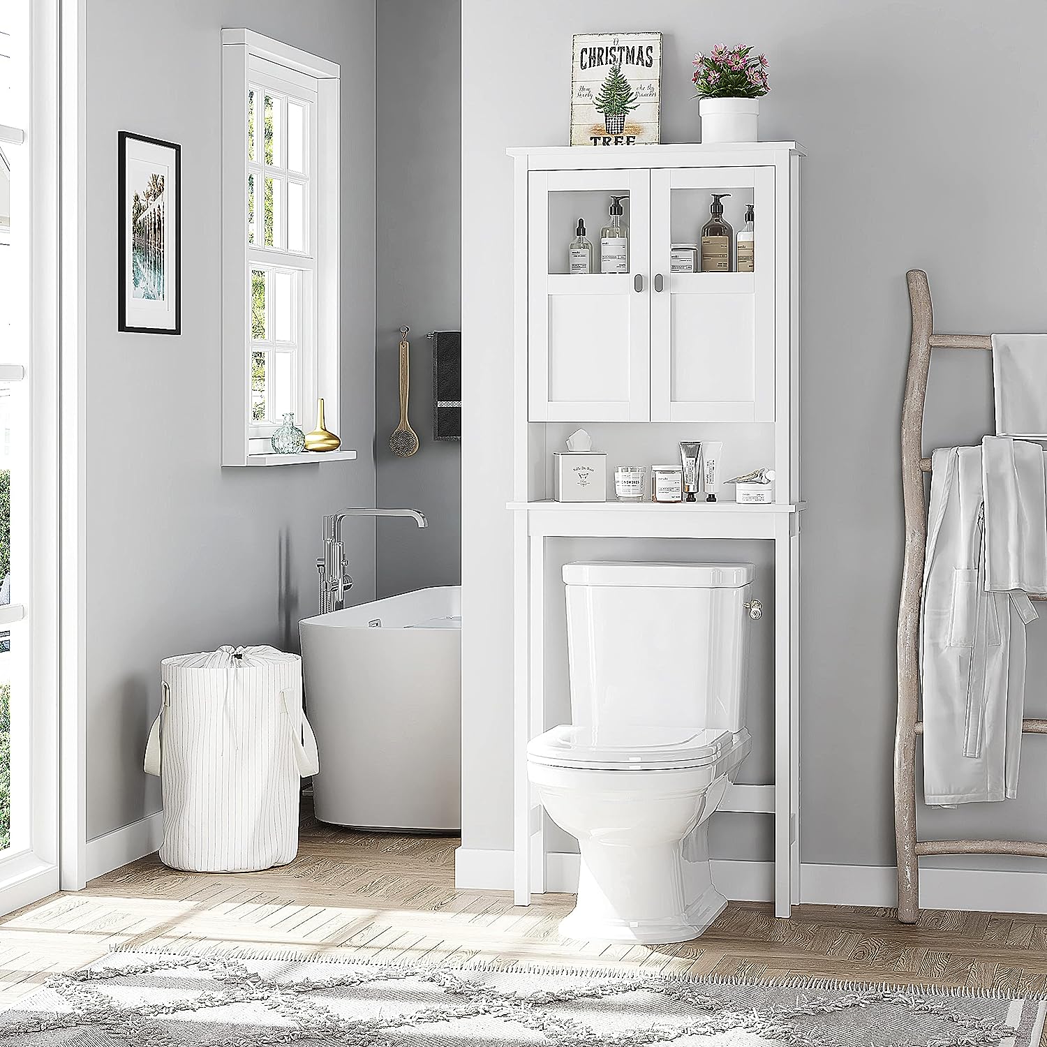 Bathroom Cabinet Over Toilet, Bathroom Storage Cabinet with Glass Doors and Adjustable Shelves, Over The Toilet Storage Cabinet, White
