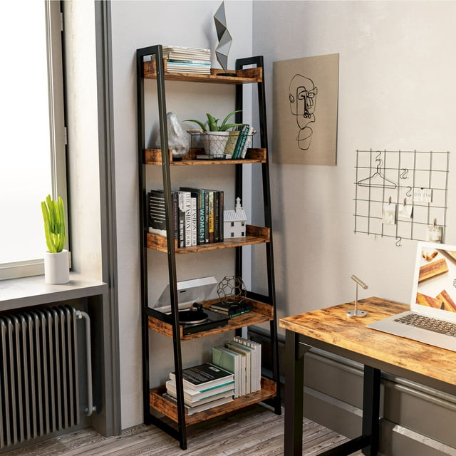 Industrial Bookshelf 5-Tier, Bookcase Ladder Shelf