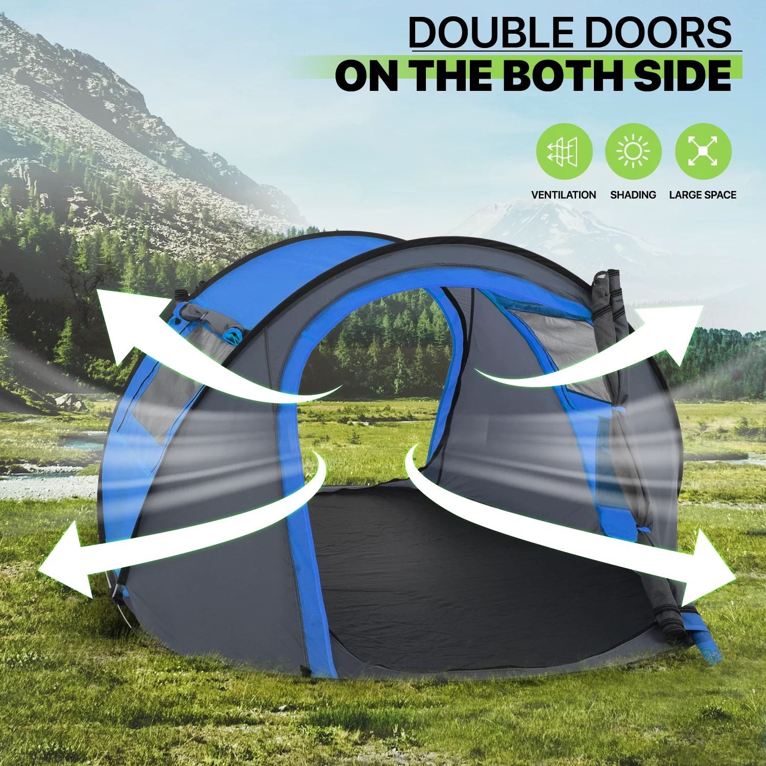 2 Person Instant Pop-up Tent Waterproof Family Camping Tent, 2 Side Windows Blue