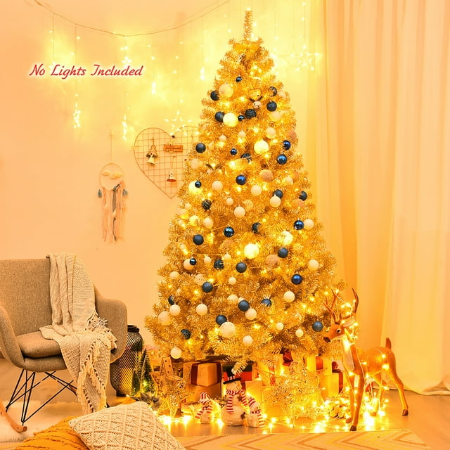 7.5ft Artificial Tinsel Christmas Tree w/1258 Tips Foldable Stand Champagne Gold