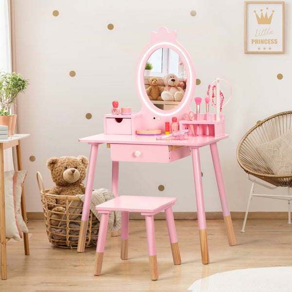 Kids Vanity Set with Mirror, Wooden Make Up