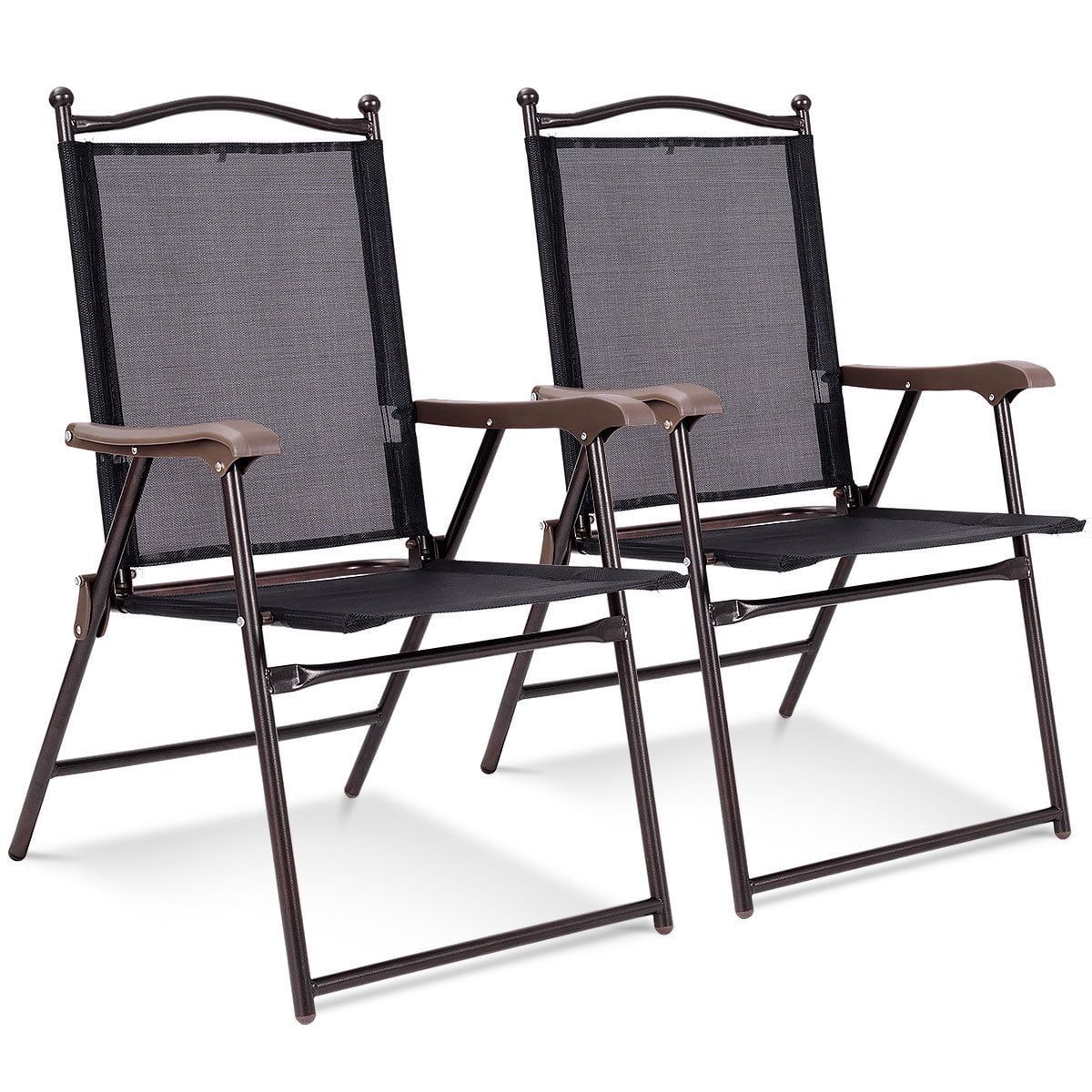 Set of 2 Patio Folding Sling Back Chairs Camping Deck Garden Beach Black