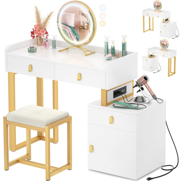 Vanity Desk with LED Lighted Mirror & Power Outlets