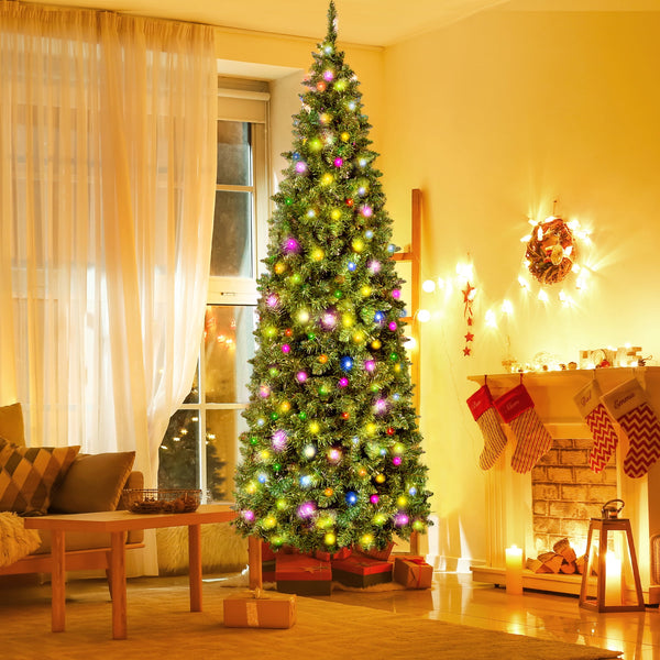7FT Pre-Lit Slim Pencil Artificial Christmas Tree, 200 Multi-colored LED Lights Fake Xmas Tree