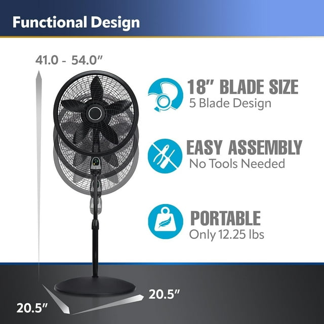 18in Oscillating 4 Speed Large Room Pedestal Fan with Remote Control, Black