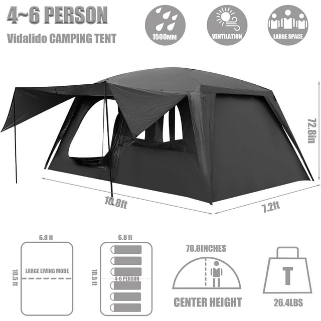 6 Person Camping Tent with 3 Door 2 Room Black