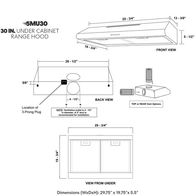 5MU30 30 in. Under Cabinet Range Hood Ductless Convertible Duct, Slim Kitchen Stove Vent with, 3 Speed Exhaust Fan, Reusable Filter and LED Lights in Stainless Steel, 30 inch