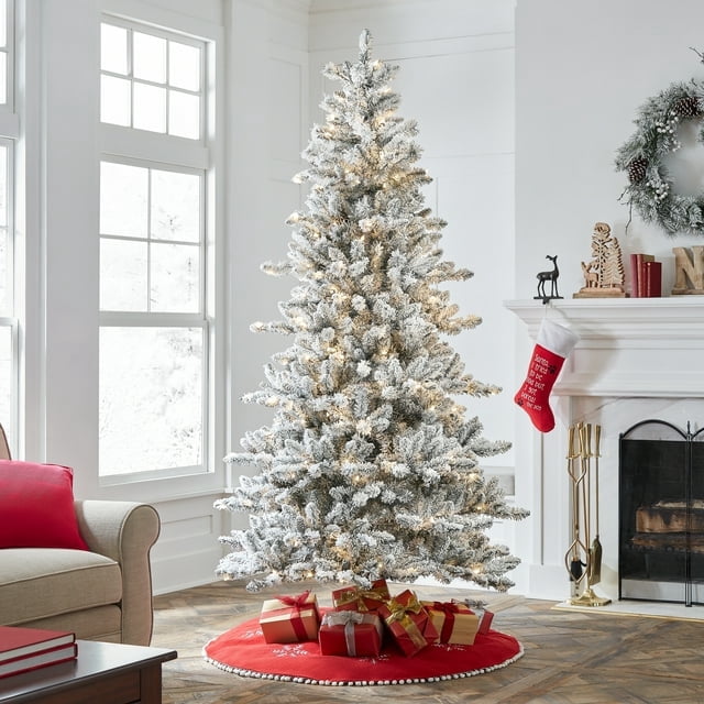 7.5ft Pre Lit Flocked Birmingham Fir Artificial Christmas Tree, 400 LED, Green