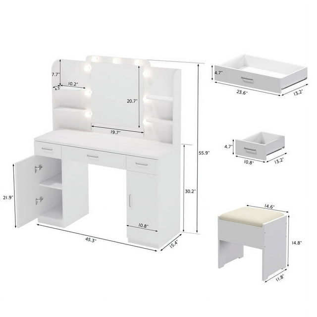 Makeup Vanity with Mirror and 9 Lights, Stool Included, White
