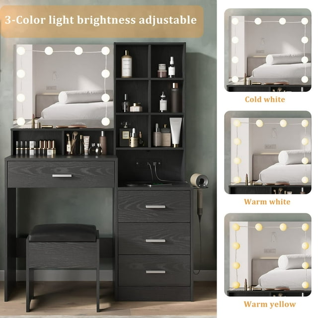 Modern Vanity Desk with Mirror and Lights
