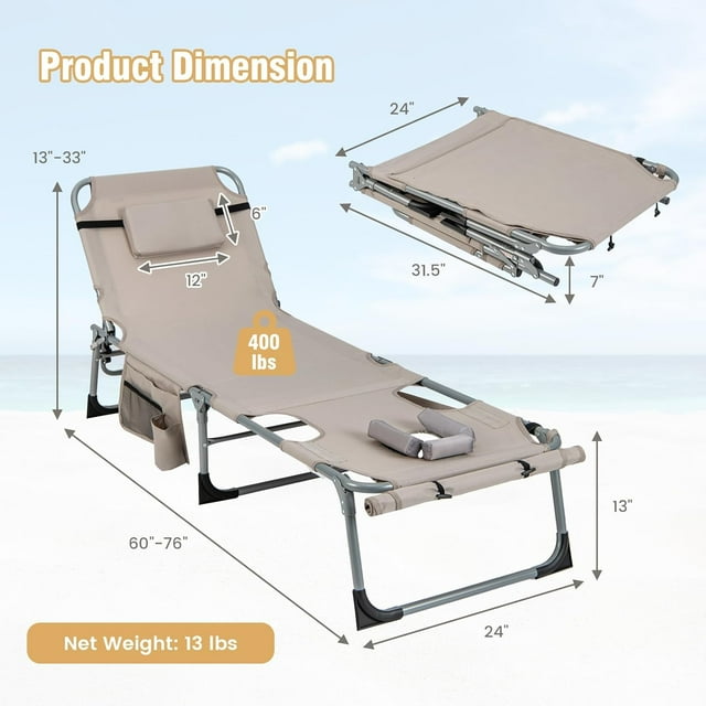 Folding Beach Tanning Chair Outdoor Chaise Lounge Chair