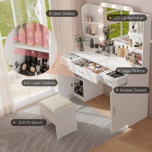 Makeup Vanity with Mirror and 9 Lights, Stool Included, White