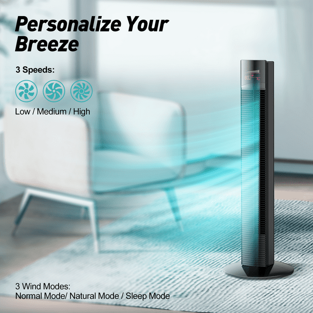 Tower Fan Cooling Fan with Remote Floor Fan Oscillating, Powerful Fan with 9 Modes, Large LED Display, 12-Hour Timer, Quiet Portable Bladeless Fan for Bedroom Living Rooms Office