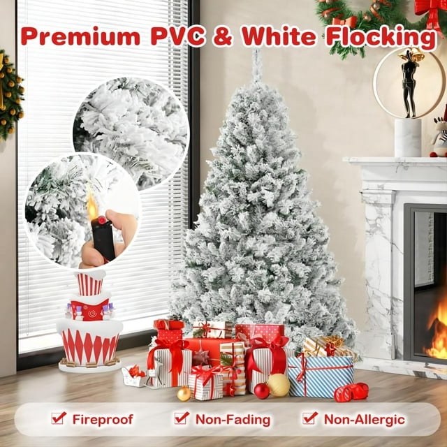6ft Pre Lit Holiday Christmas Tree w/ Snow Flocked Branches, 250 Warm White Lights