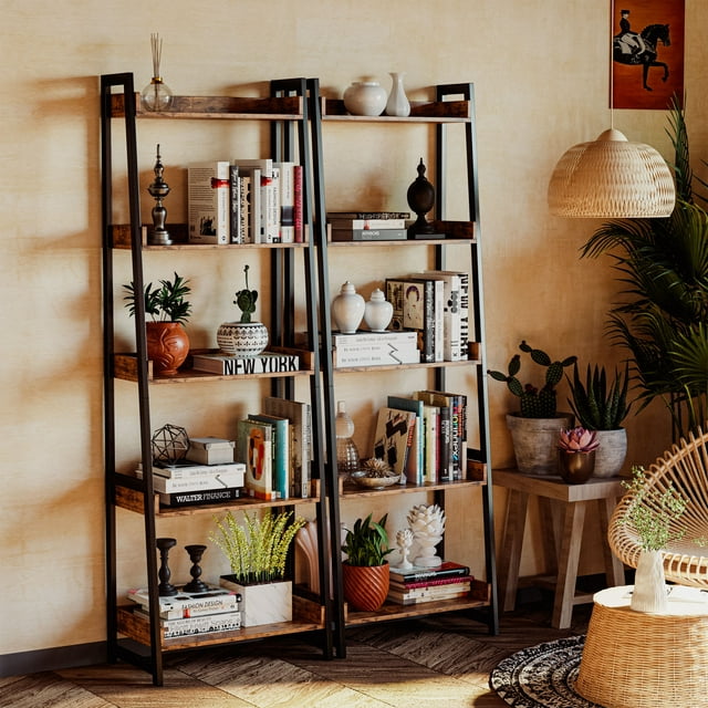 Industrial Bookshelf 5-Tier, Bookcase Ladder Shelf