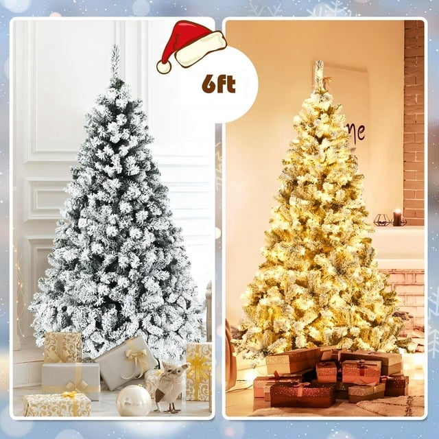 6ft Pre Lit Holiday Christmas Tree w/ Snow Flocked Branches, 250 Warm White Lights