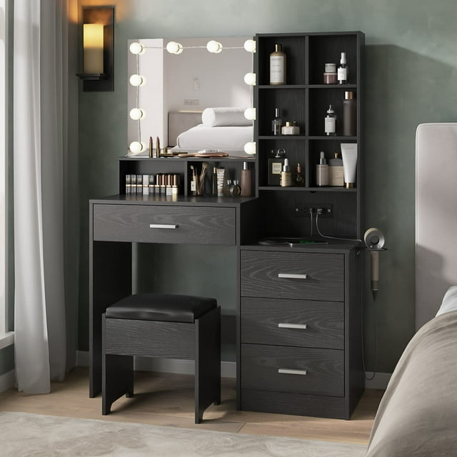 Modern Vanity Desk with Mirror and Lights