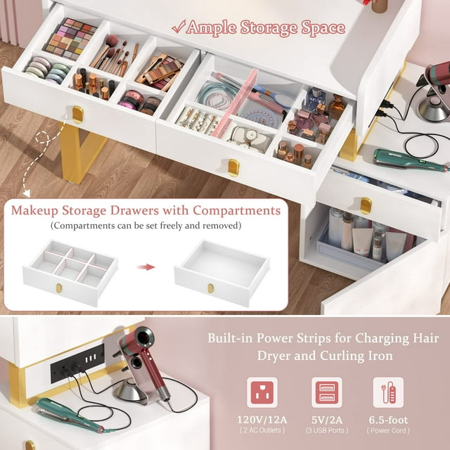 Vanity Desk with LED Lighted Mirror & Power Outlets