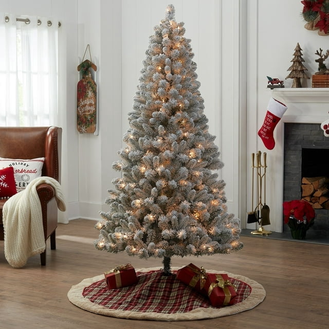 6.5 ft Pre Lit Flocked Frisco Pine Artificial Christmas Tree, 250 Clear Lights, Green