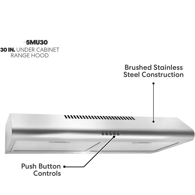 5MU30 30 in. Under Cabinet Range Hood Ductless Convertible Duct, Slim Kitchen Stove Vent with, 3 Speed Exhaust Fan, Reusable Filter and LED Lights in Stainless Steel, 30 inch